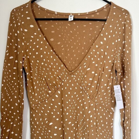 NWT BP Tan Polka Dot Long Sleeve V-Neck Sustainable Dress - Size: S - Picture 3 of 7